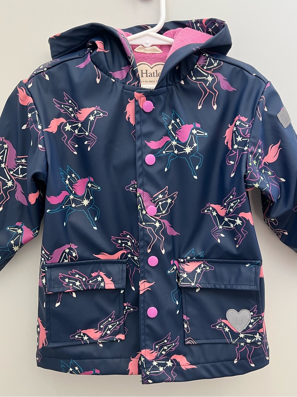 Hatley Navy Unicorn Print Raincoat with Pink Accents
